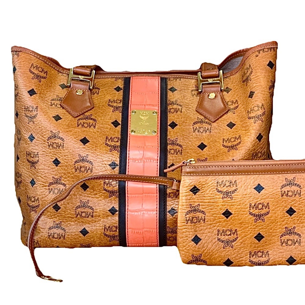 MCM Visetos Monogram Tote Bag With A Magnificent Coral Stripe & Matching Pouch